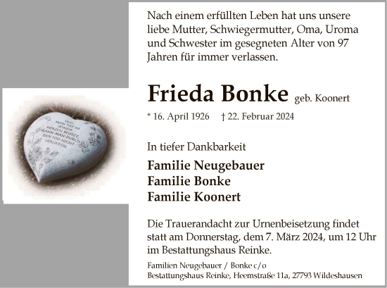 Traueranzeige von Frieda Bonke von SYK