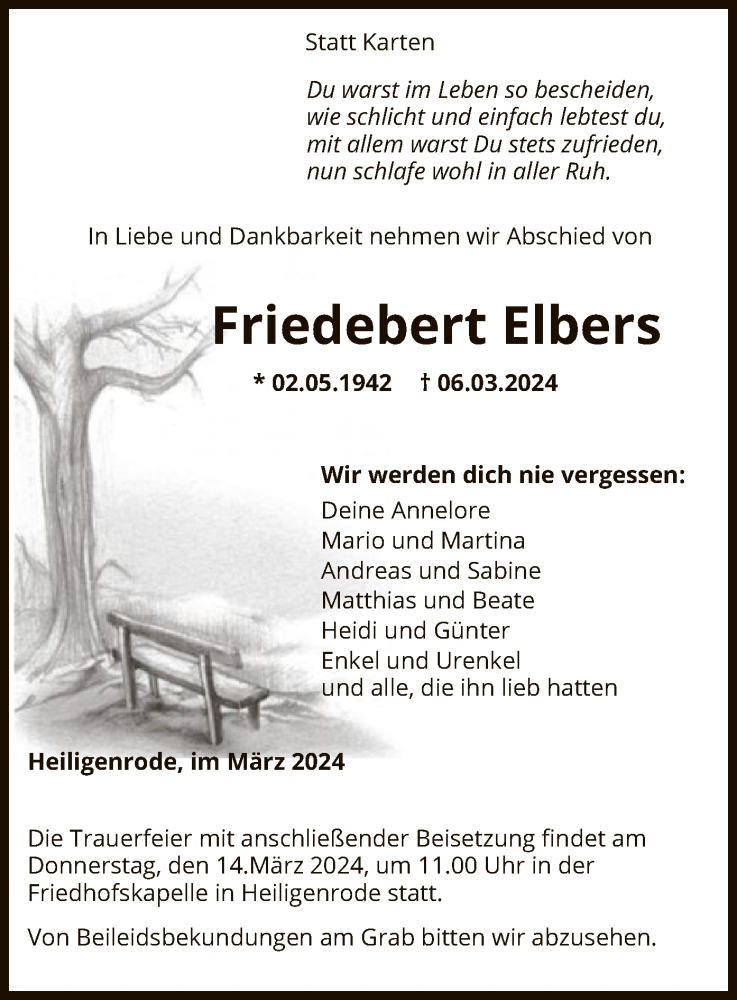  Traueranzeige für Friedebert Elbers vom 09.03.2024 aus SYK