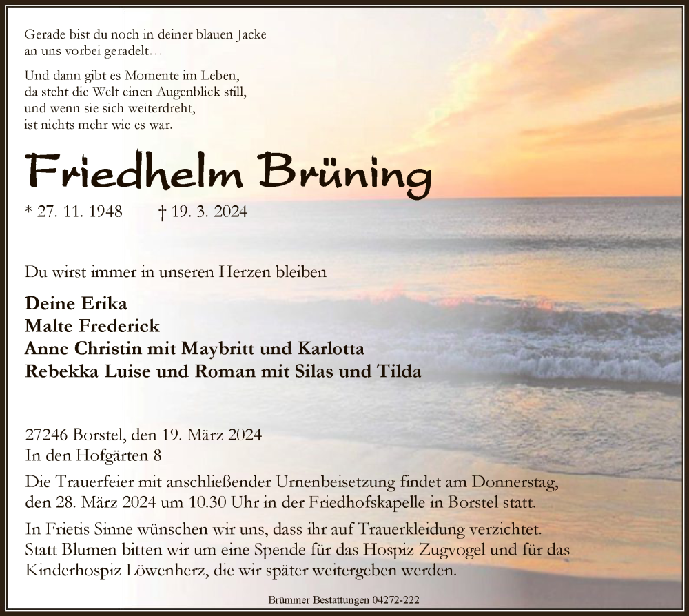  Traueranzeige für Friedhelm Brüning vom 23.03.2024 aus SYK