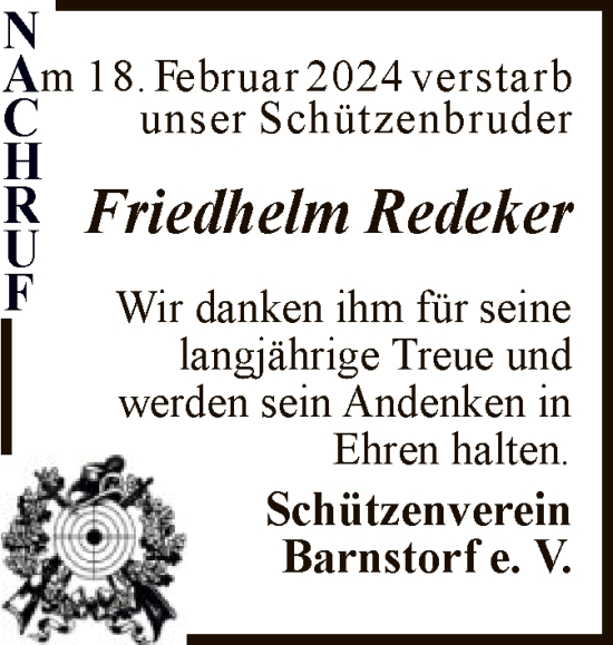 Traueranzeige von Friedhelm Redeker von SYK