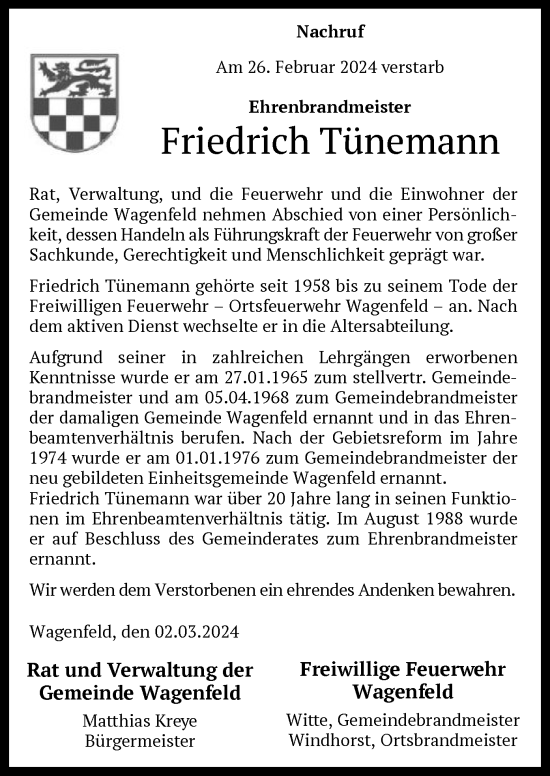 Traueranzeige von Friedrich Tünemann von SYK