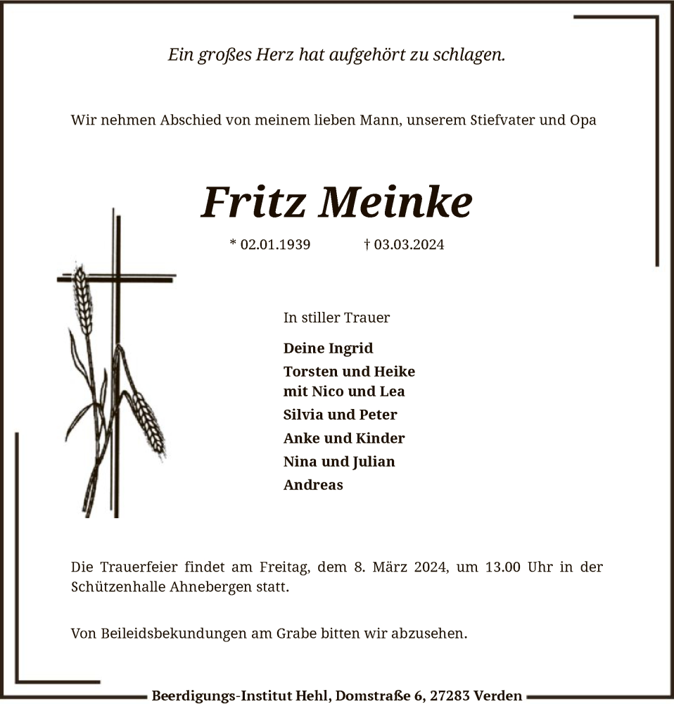  Traueranzeige für Fritz Meinke vom 06.03.2024 aus SYK