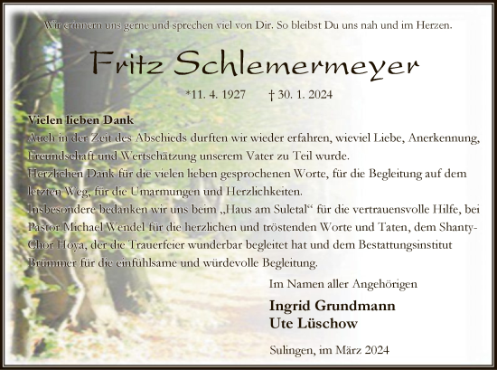 Traueranzeige von Fritz Schlemermeyer von SYK