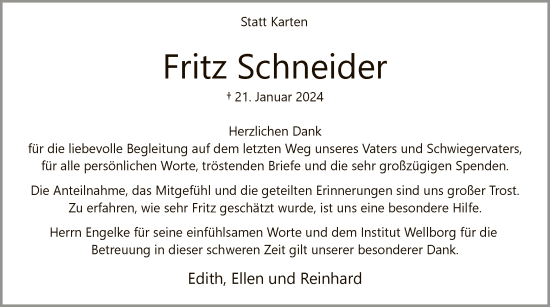 Traueranzeige von Fritz Schneider von SYK