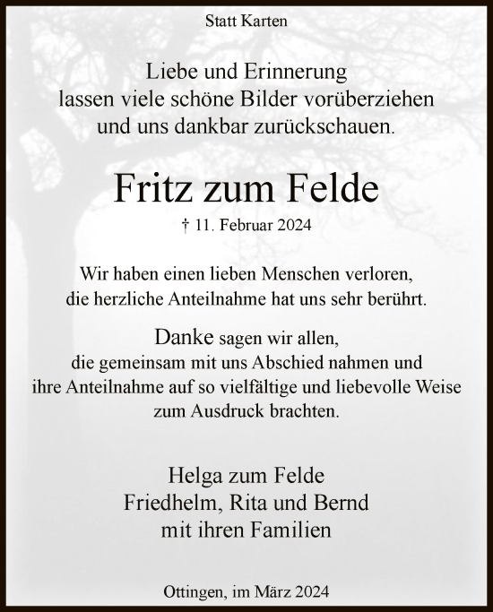 Traueranzeige von Fritz zum Felde von SYK