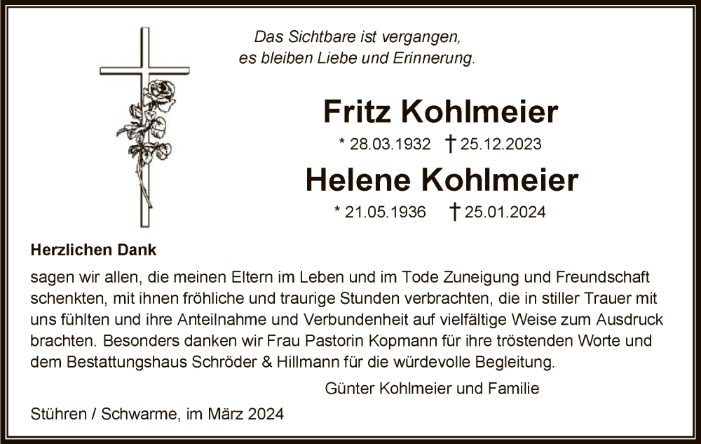  Traueranzeige für Fritz und Helene Kohlmeier vom 02.03.2024 aus SYK