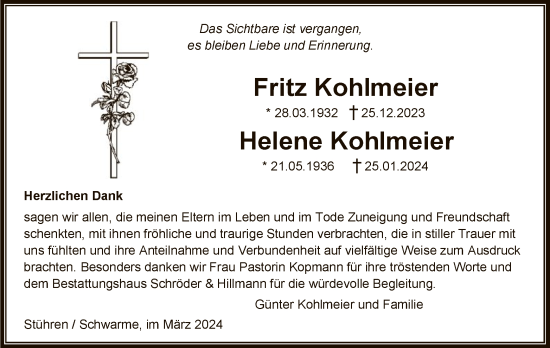Traueranzeige von Fritz und Helene Kohlmeier von SYK
