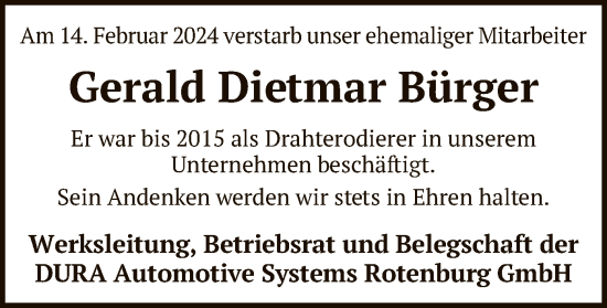 Traueranzeige von Gerald Dietmar Bürger von SYK