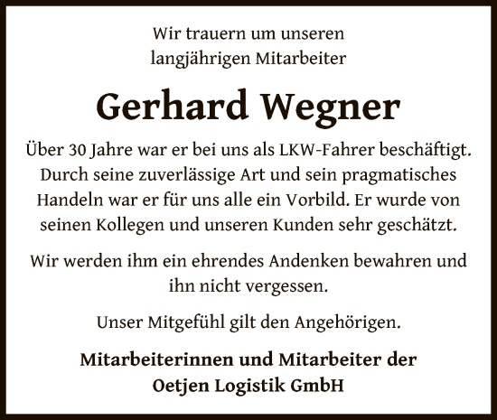 Traueranzeige von Gerhard Wegner von SYK