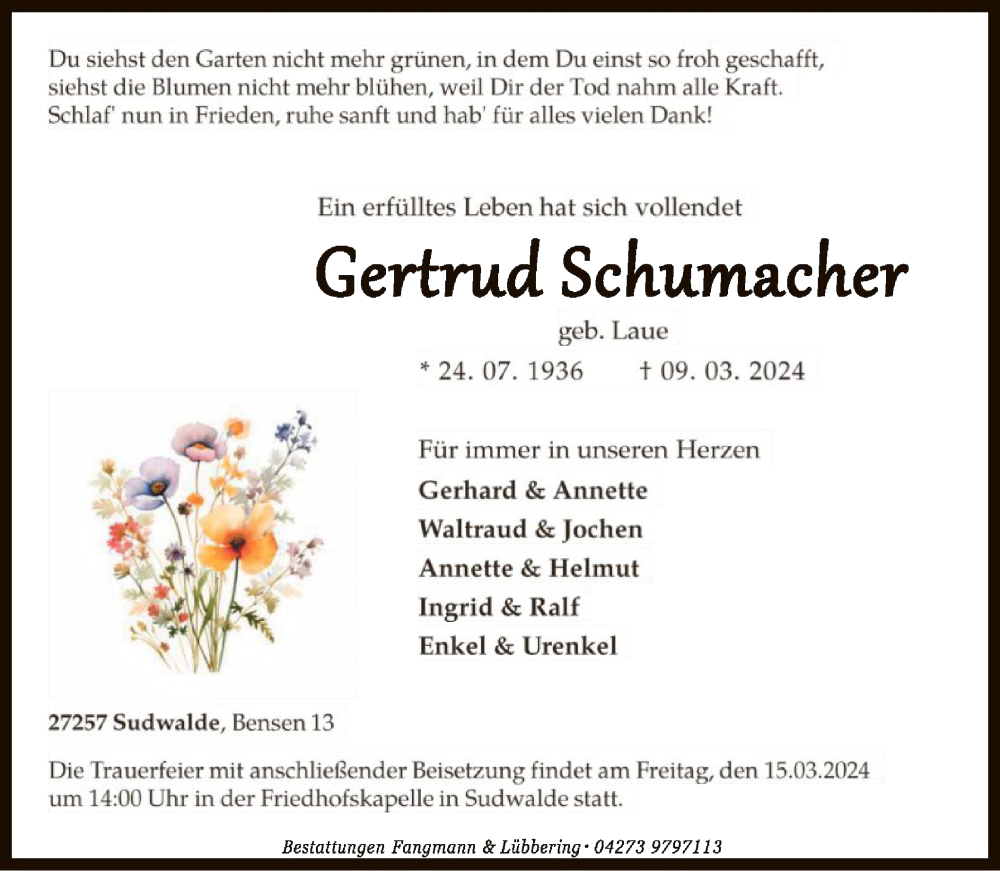  Traueranzeige für Gertrud Schumacher vom 12.03.2024 aus SYK