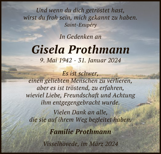 Traueranzeige von Gisela Prothmann von SYK