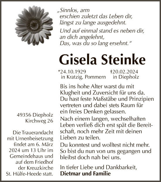 Traueranzeige von Gisela Steinke von SYK