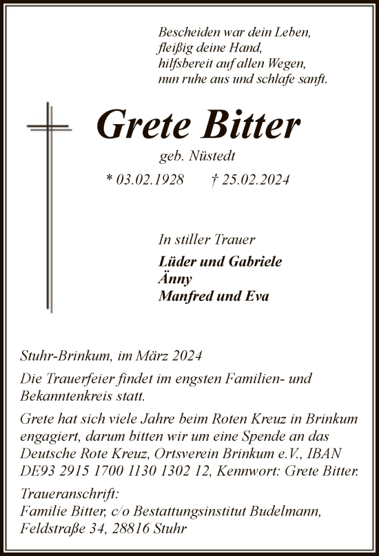 Traueranzeige von Grete Bitter von SYK