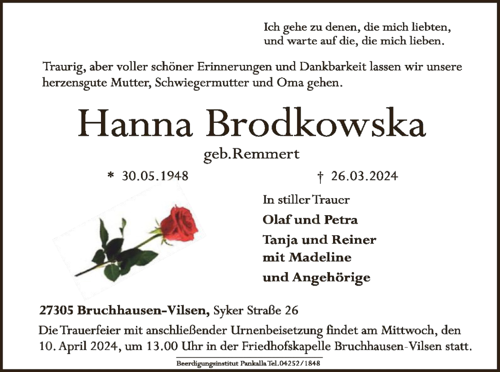  Traueranzeige für Hanna Brodkowska vom 30.03.2024 aus SYK