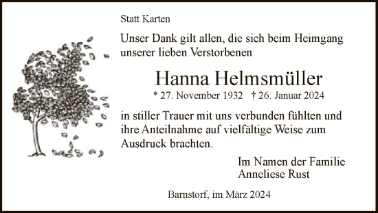 Traueranzeige von Hanna Helmsmüller von SYK