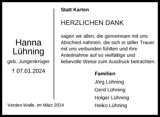 Traueranzeige von Hanna Lühning von SYK
