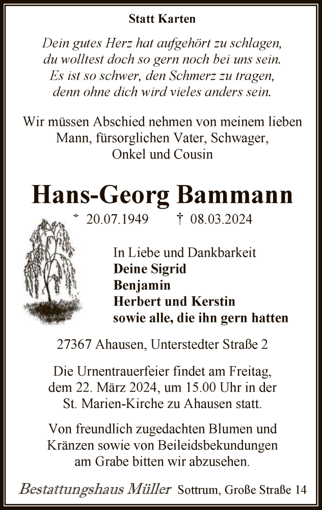  Traueranzeige für Hans-Georg  Bammann vom 16.03.2024 aus SYK
