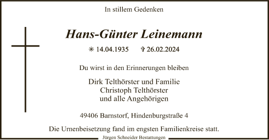 Traueranzeige von Hans-Günter Leinemann von SYK