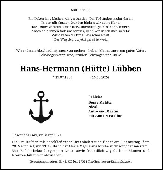 Traueranzeige von Hans-Hermann  Lübben von SYK