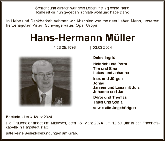 Traueranzeige von Hans-Hermann Müller von SYKSYK