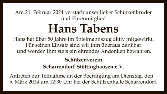 Traueranzeige von Hans Tabens von SYK