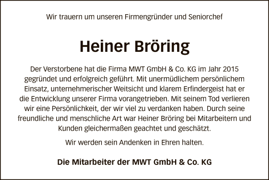 Traueranzeige von Heiner Bröring von SYK