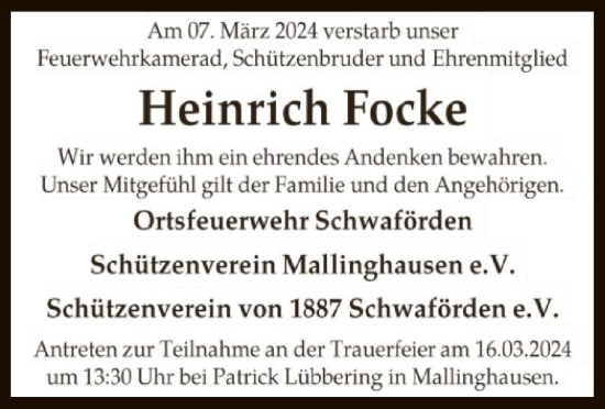 Traueranzeige von Heinrich Focke von SYK