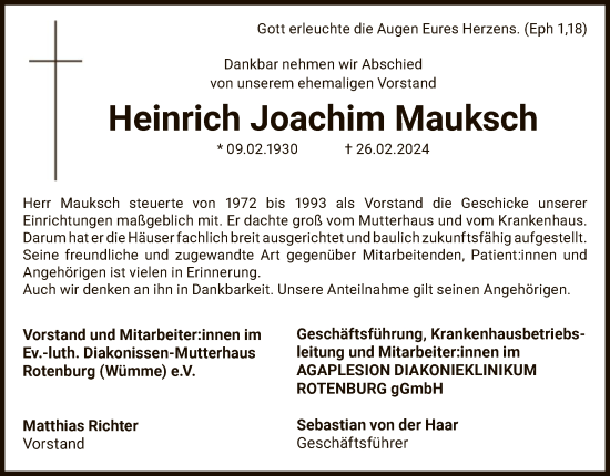 Traueranzeige von Heinrich-Joachim Mauksch von SYK