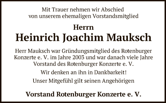 Traueranzeige von Heinrich Joachim Mauksch von SYK
