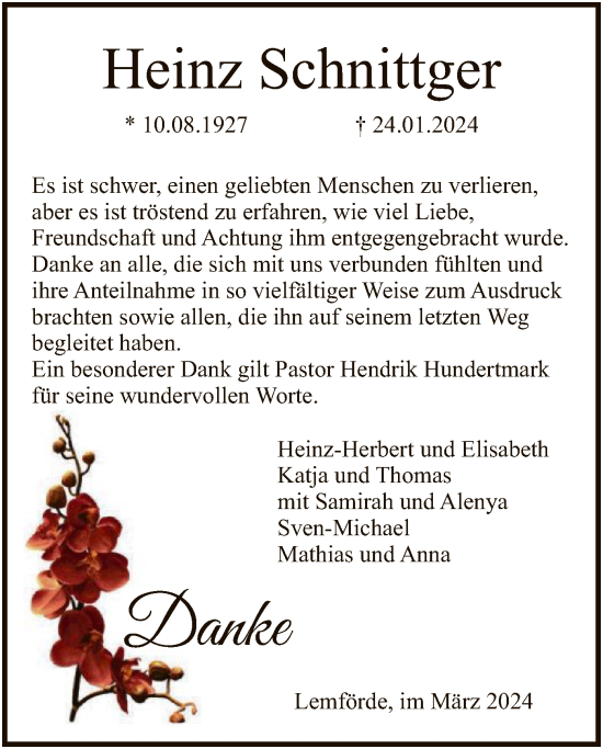 Traueranzeige von Heinz Schnittger von SYK