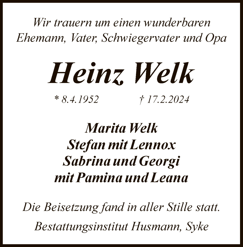  Traueranzeige für Heinz Welk vom 23.03.2024 aus SYK