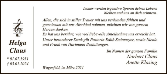 Traueranzeige von Helga Claus von SYK