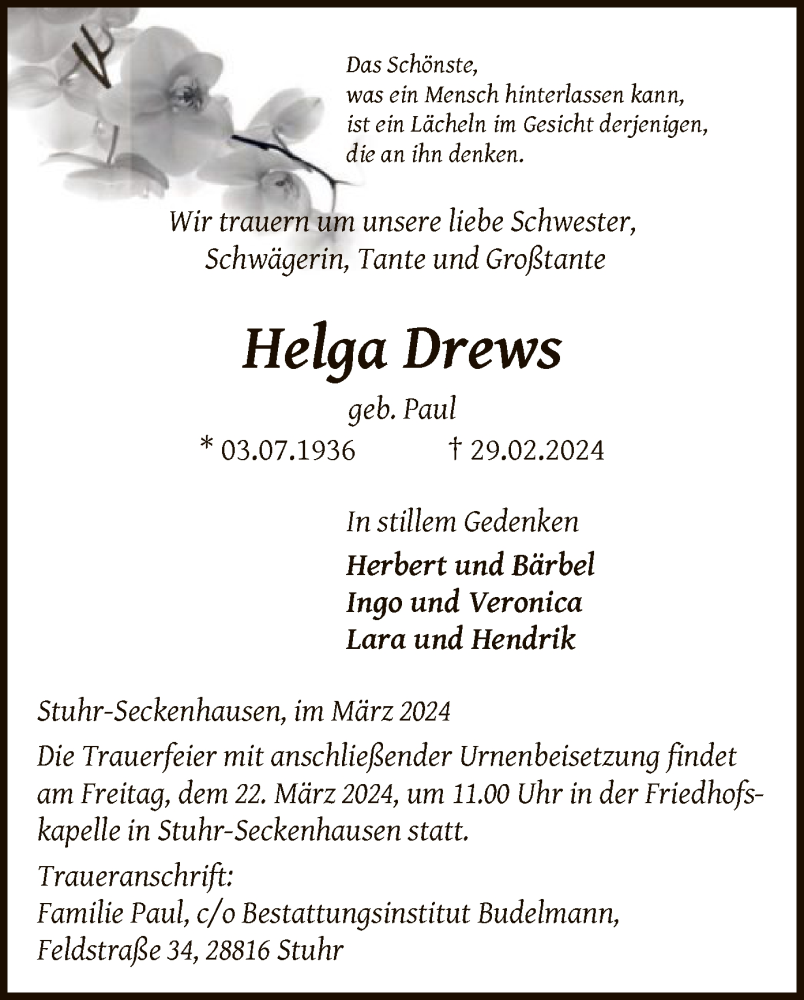  Traueranzeige für Helga Drews vom 16.03.2024 aus SYK