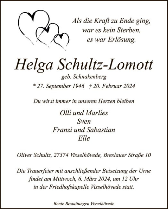Traueranzeige von Helga Schultz-Lomott von SYK