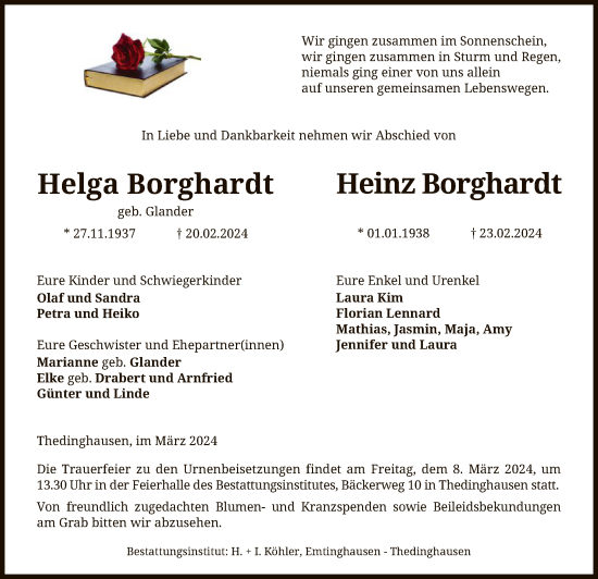 Traueranzeige von Helga und Heinz Borghardt von SYK