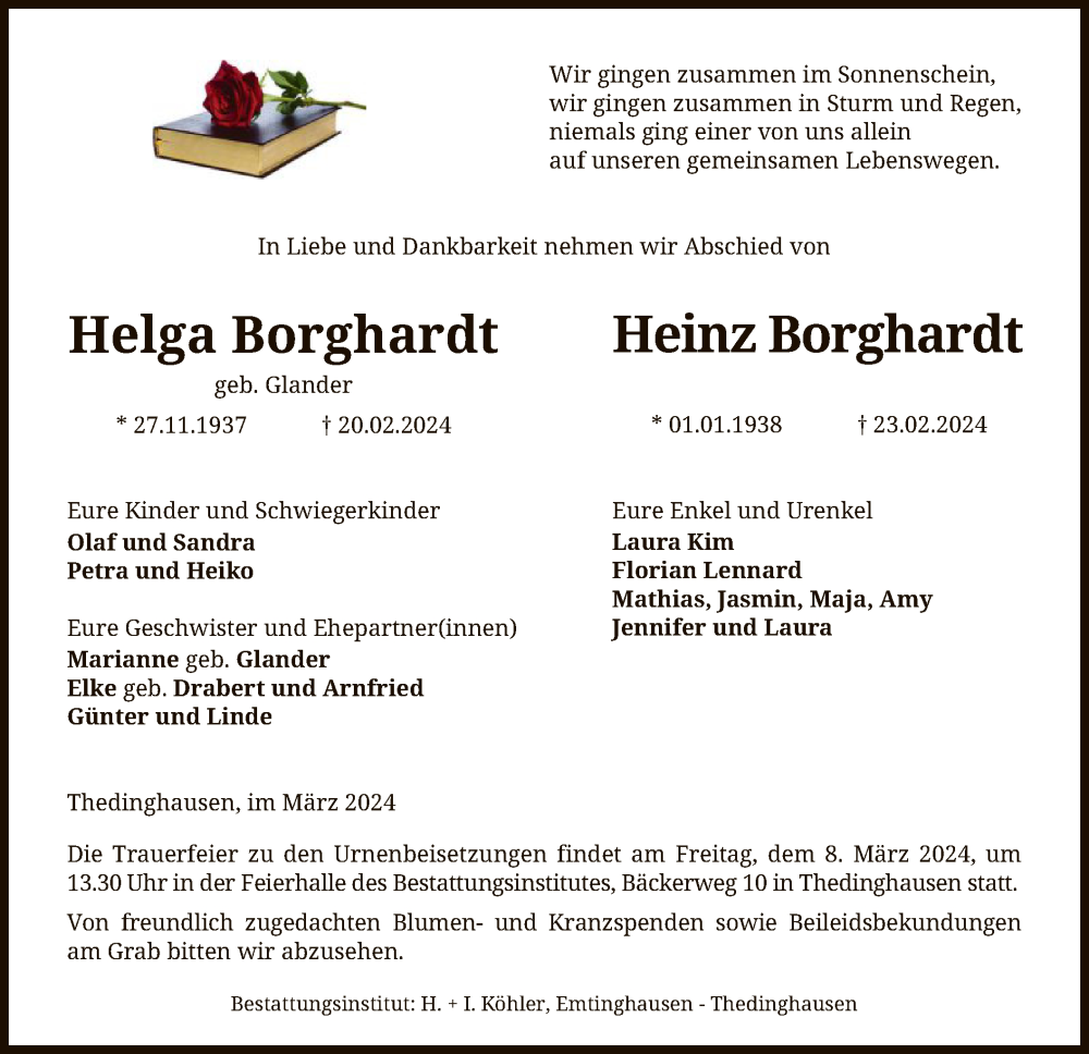  Traueranzeige für Helga und Heinz Borghardt vom 02.03.2024 aus SYK