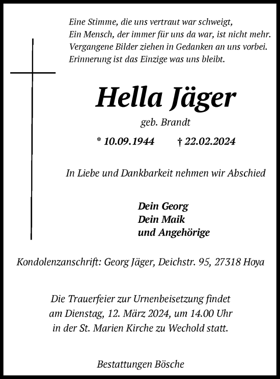 Traueranzeige von Hella Jäger von SYKSYK