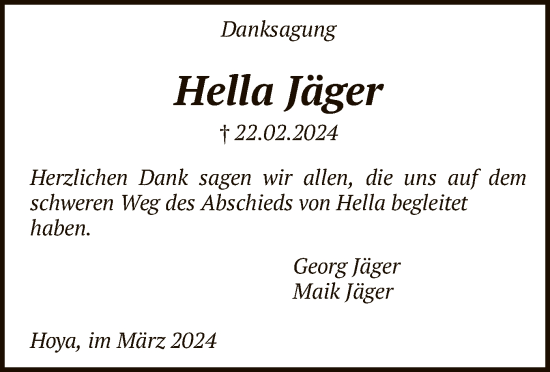 Traueranzeige von Hella Jäger von SYKSYK