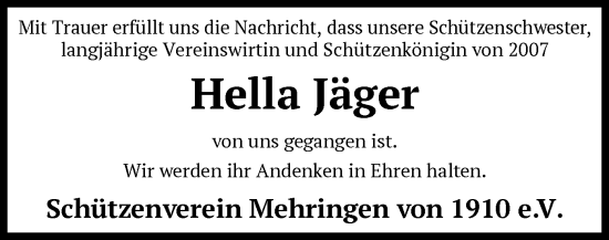 Traueranzeige von Hella Jäger von SYK