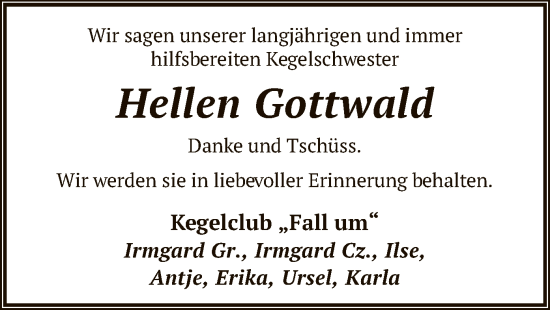 Traueranzeige von Hellen Gottwald von SYK
