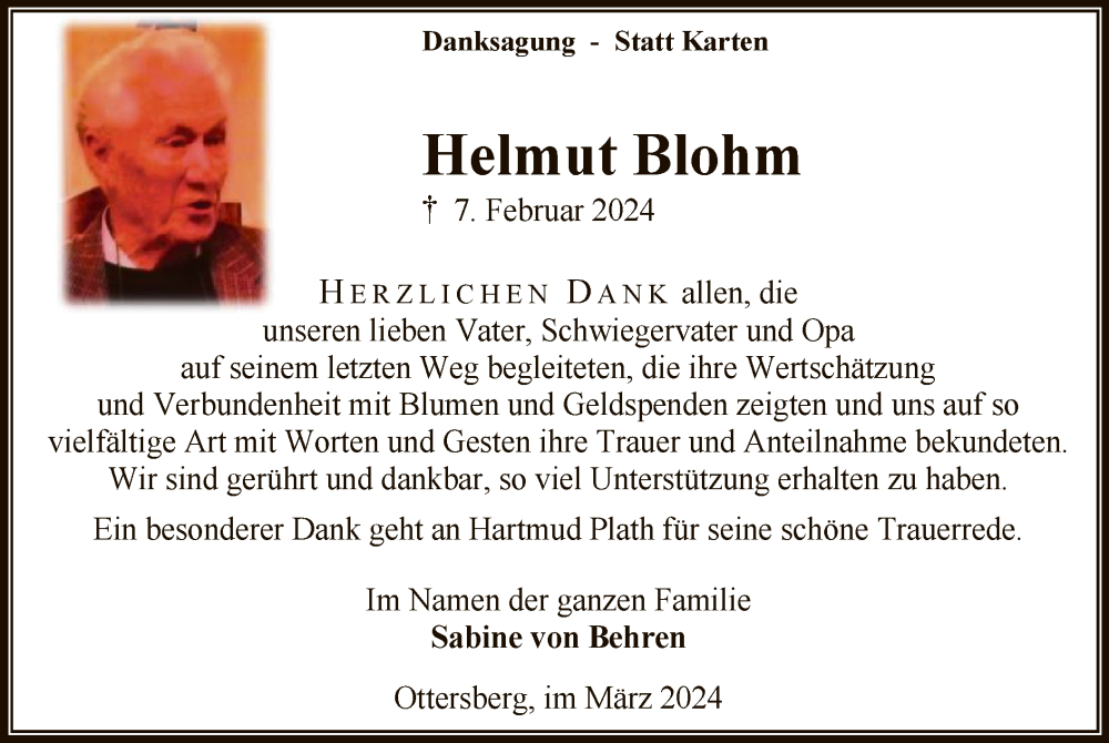  Traueranzeige für Helmut Blohm vom 02.03.2024 aus SYK
