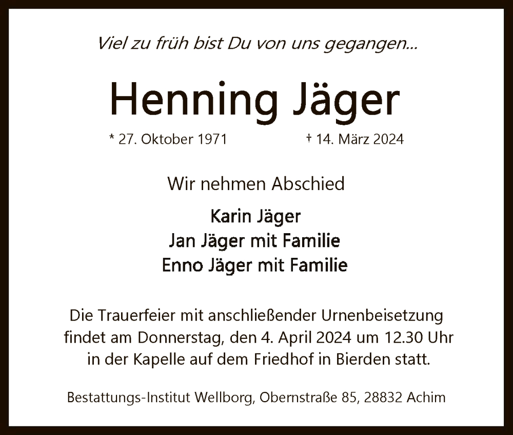  Traueranzeige für Henning Jäger vom 23.03.2024 aus SYK