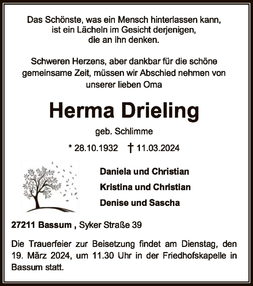  Traueranzeige für Herma Drieling vom 16.03.2024 aus SYK