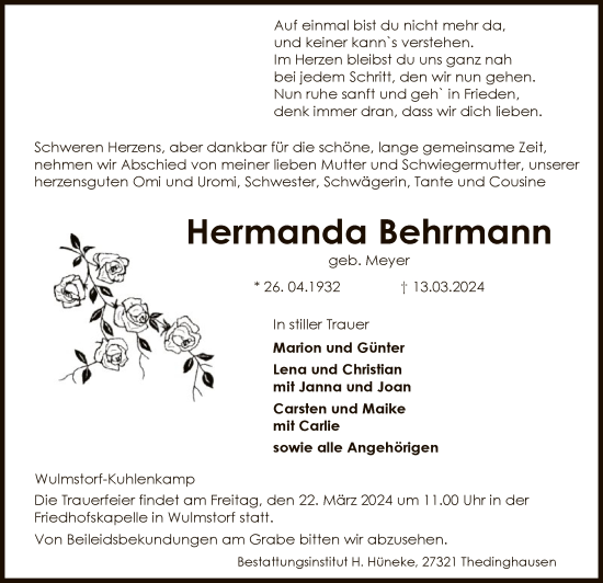 Traueranzeige von Hermanda Behrmann von SYK