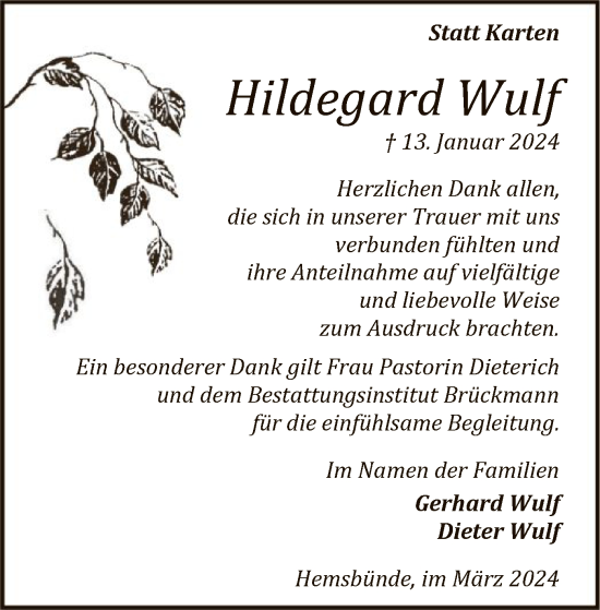 Traueranzeige von Hildegard Wulf von SYK