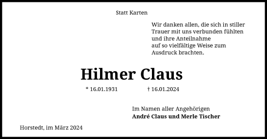 Traueranzeige von Hilmer Claus von SYK