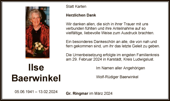 Traueranzeige von Ilse Baerwinkel von SYK