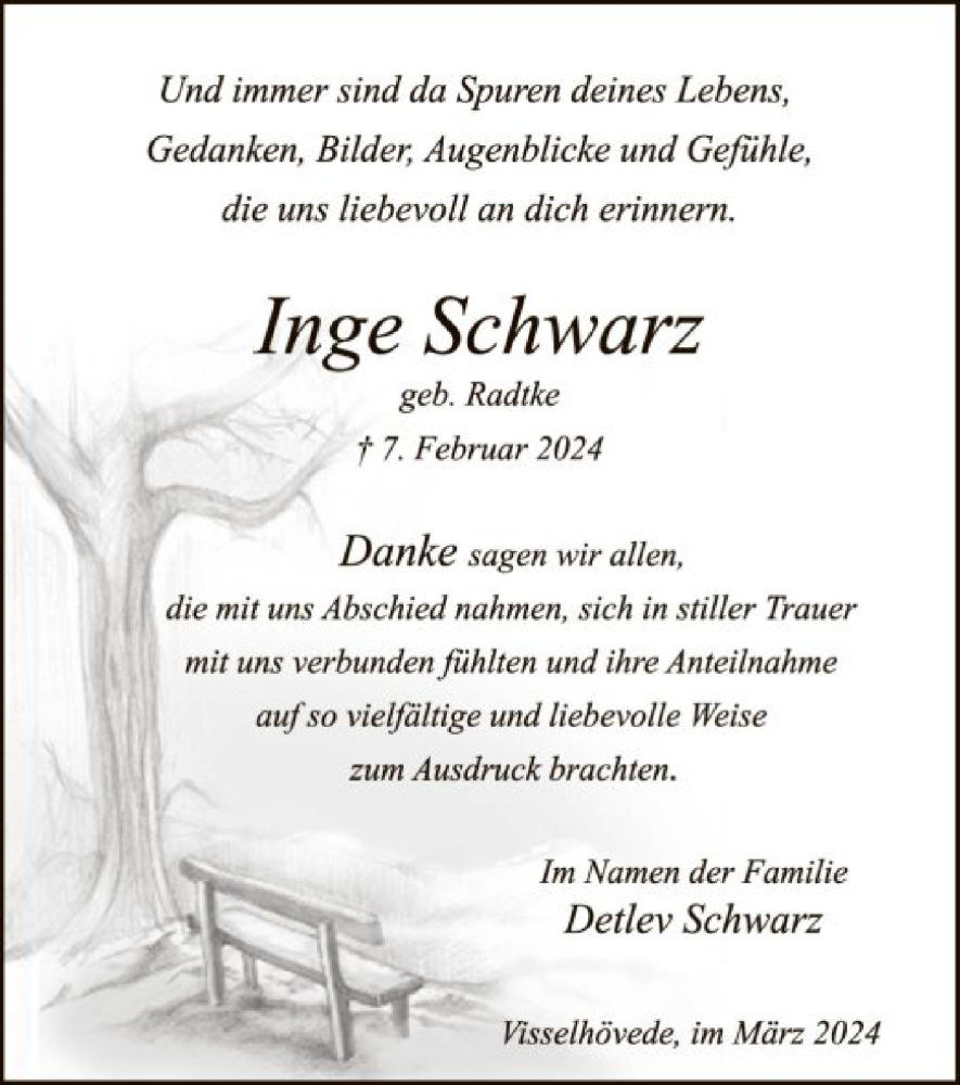  Traueranzeige für Inge Schwarz vom 02.03.2024 aus SYK