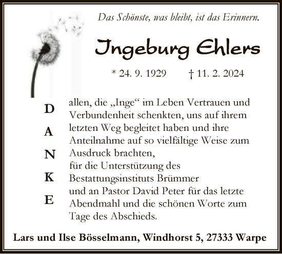 Traueranzeige von Ingeburg Ehlers von SYK