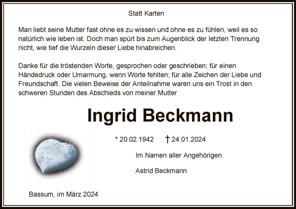  Traueranzeige für Ingrid Beckmann vom 02.03.2024 aus SYK